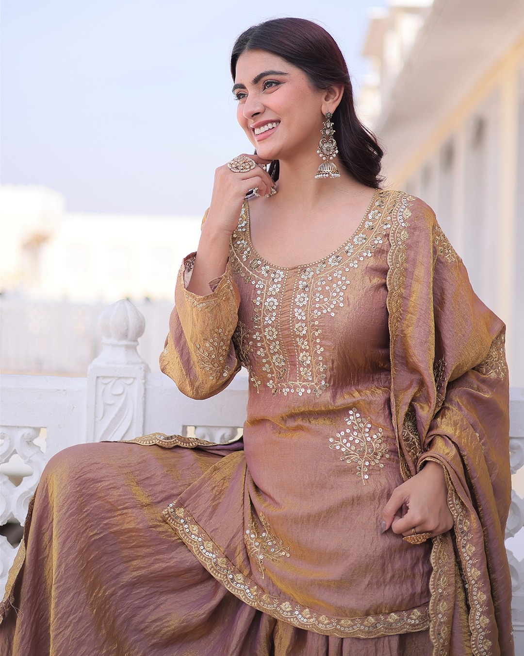 Peach Embroidered Vichitra Kurta Set
