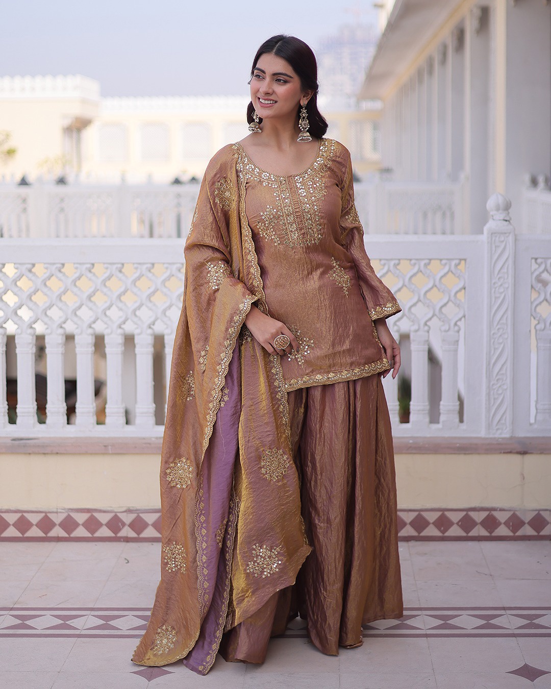 Peach Embroidered Vichitra Kurta Set