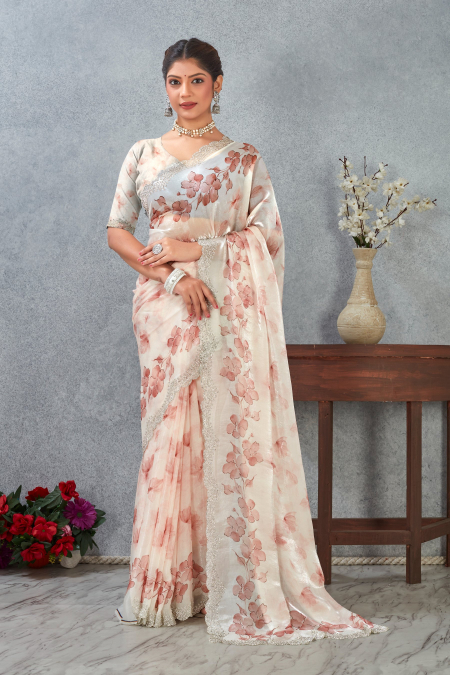 Peach Fendy Satin Floral Zircon Border Saree