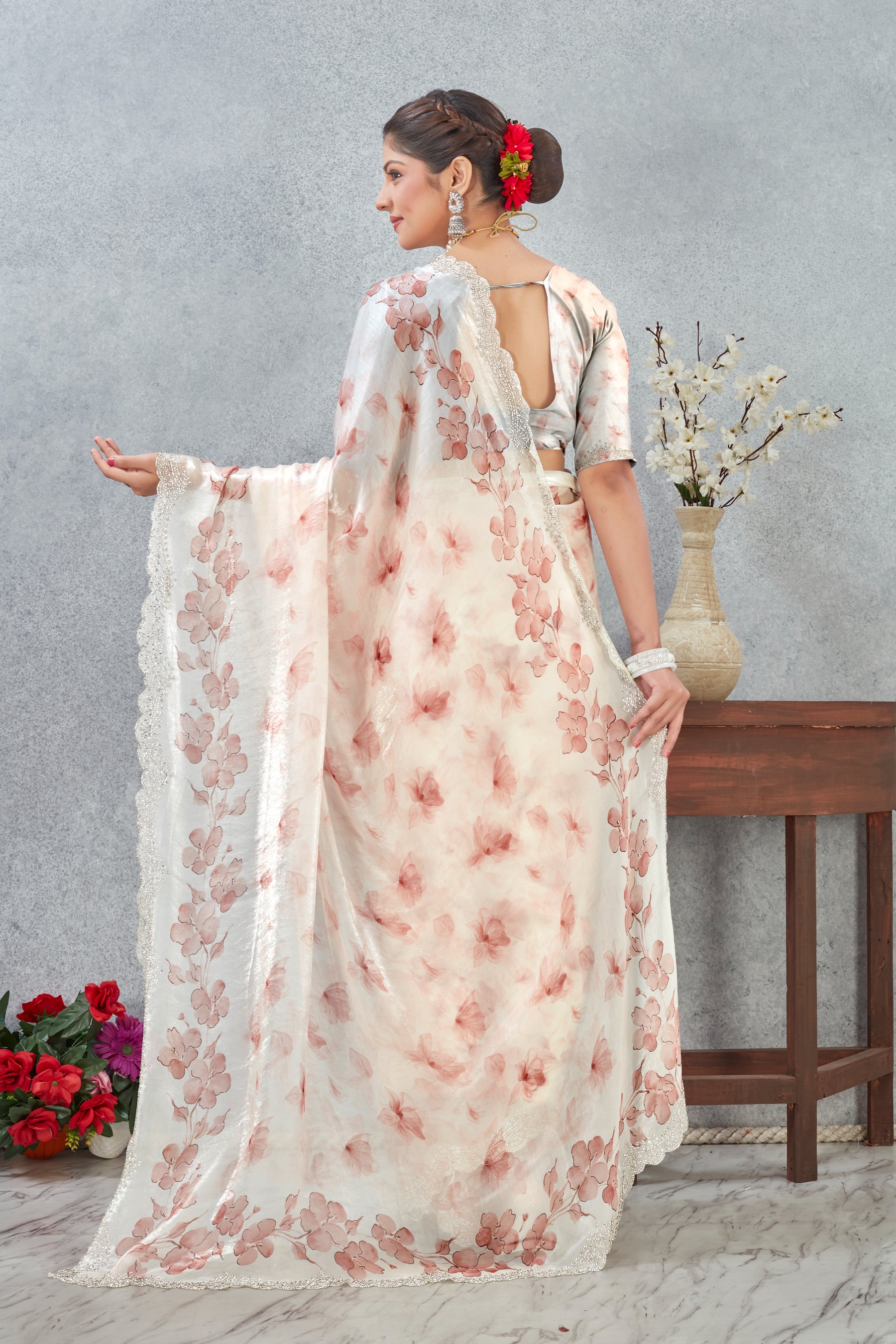 Peach Fendy Satin Floral Zircon Border Saree — alternate view