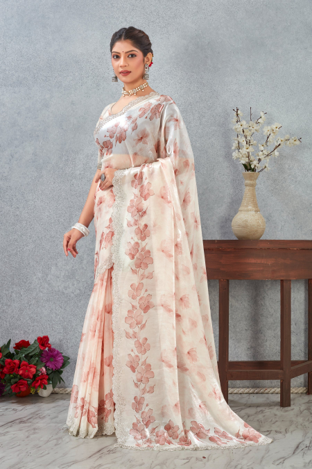 Peach Fendy Satin Floral Zircon Border Saree
