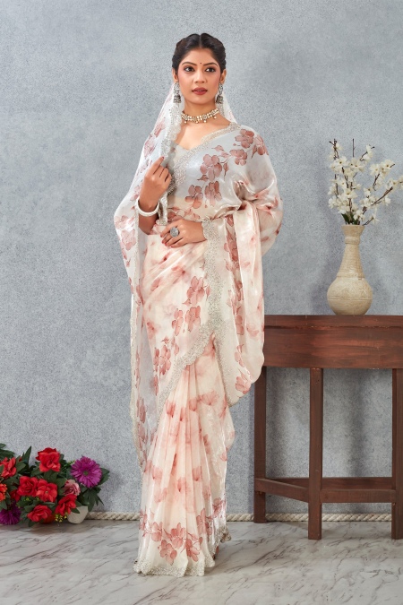 Peach Fendy Satin Floral Zircon Border Saree