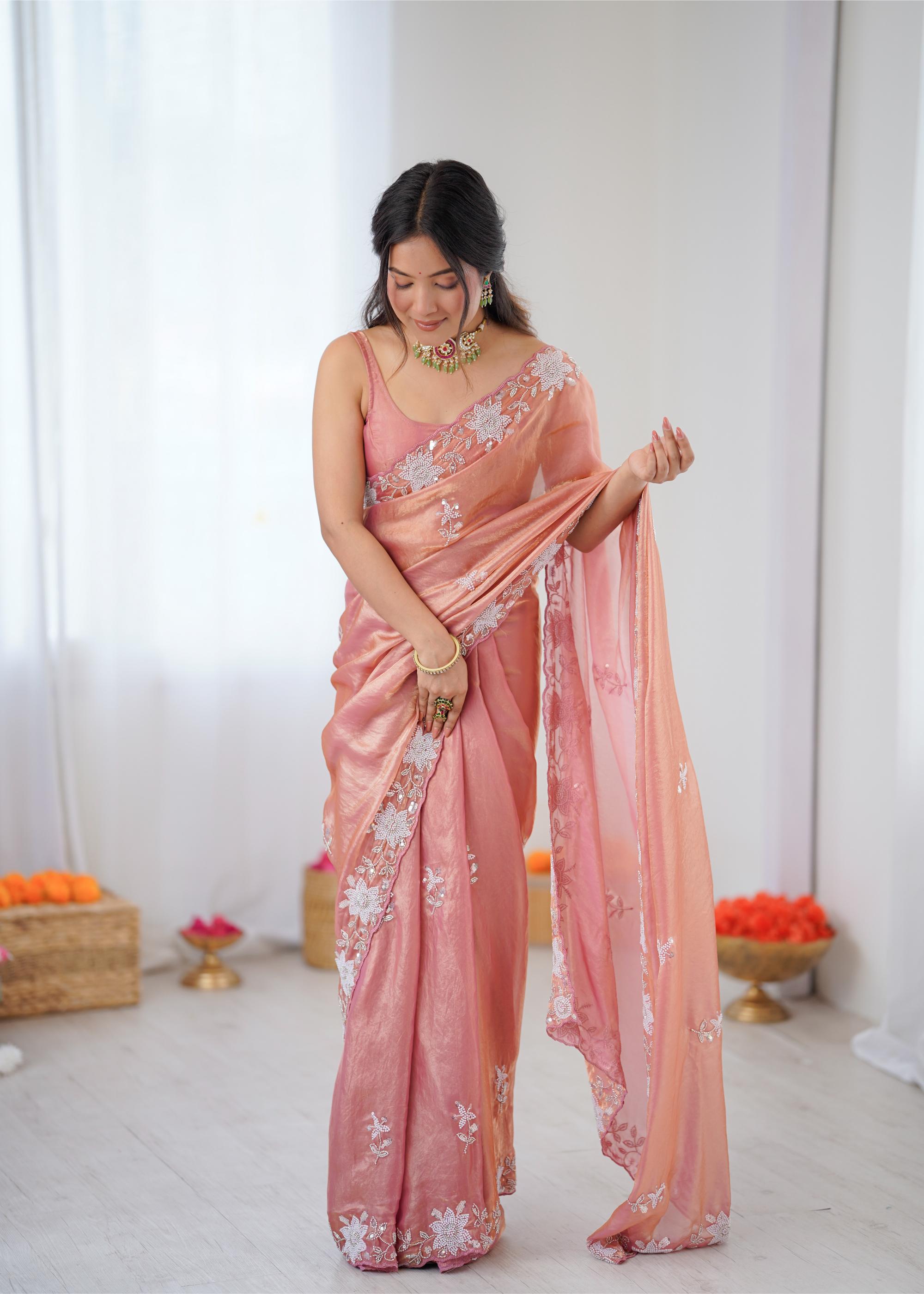 Peach Fendy Satin Sequins Moti Cutdana Saree