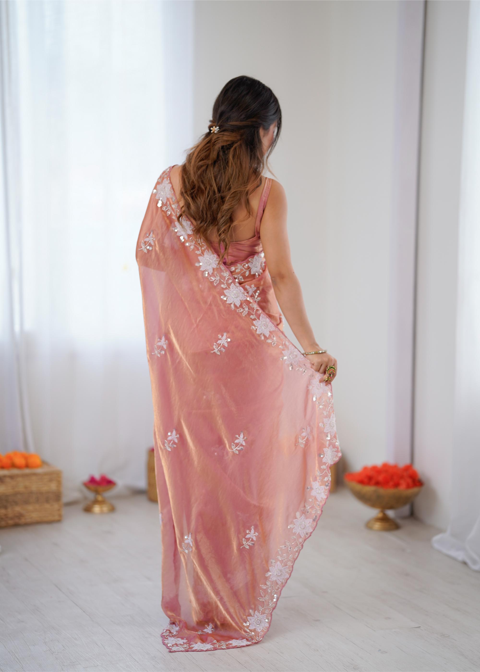 Peach Fendy Satin Sequins Moti Cutdana Saree — alternate view