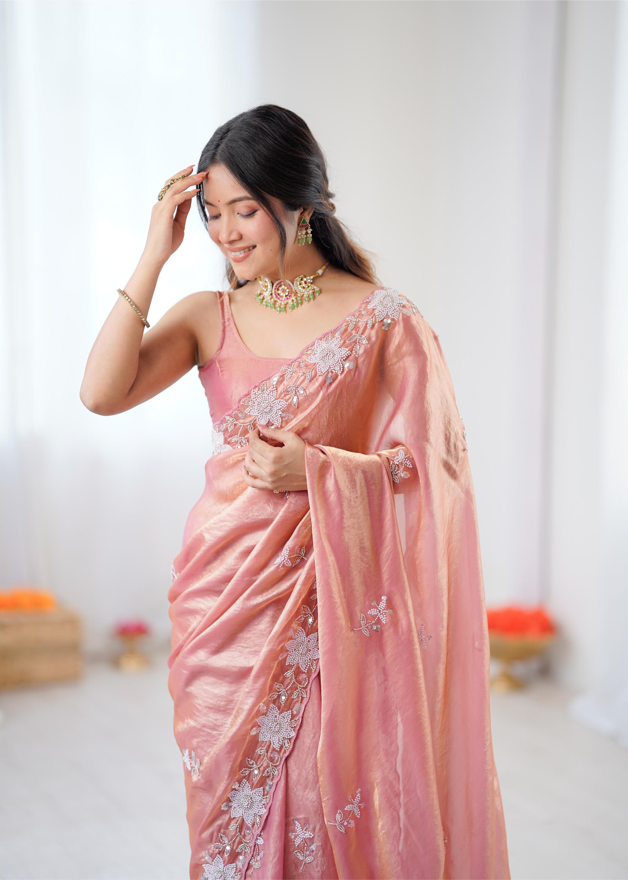 Peach Fendy Satin Sequins Moti Cutdana Saree