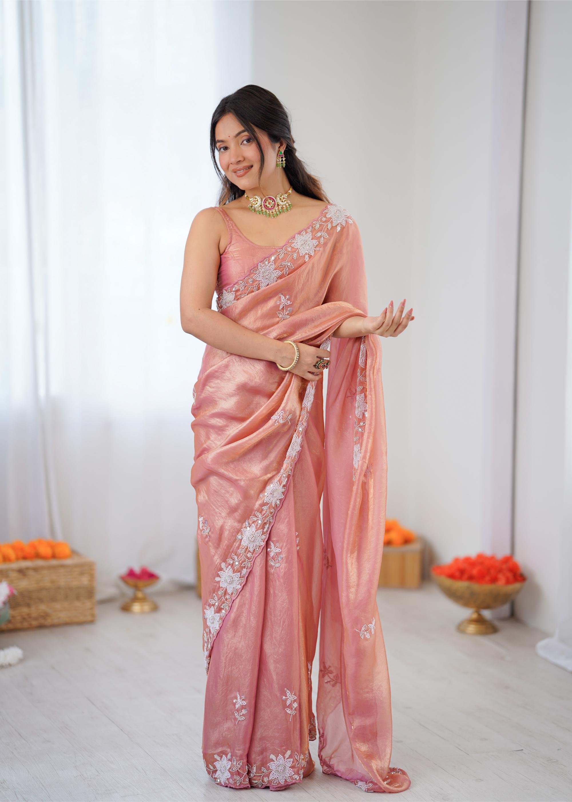 Peach Fendy Satin Sequins Moti Cutdana Saree