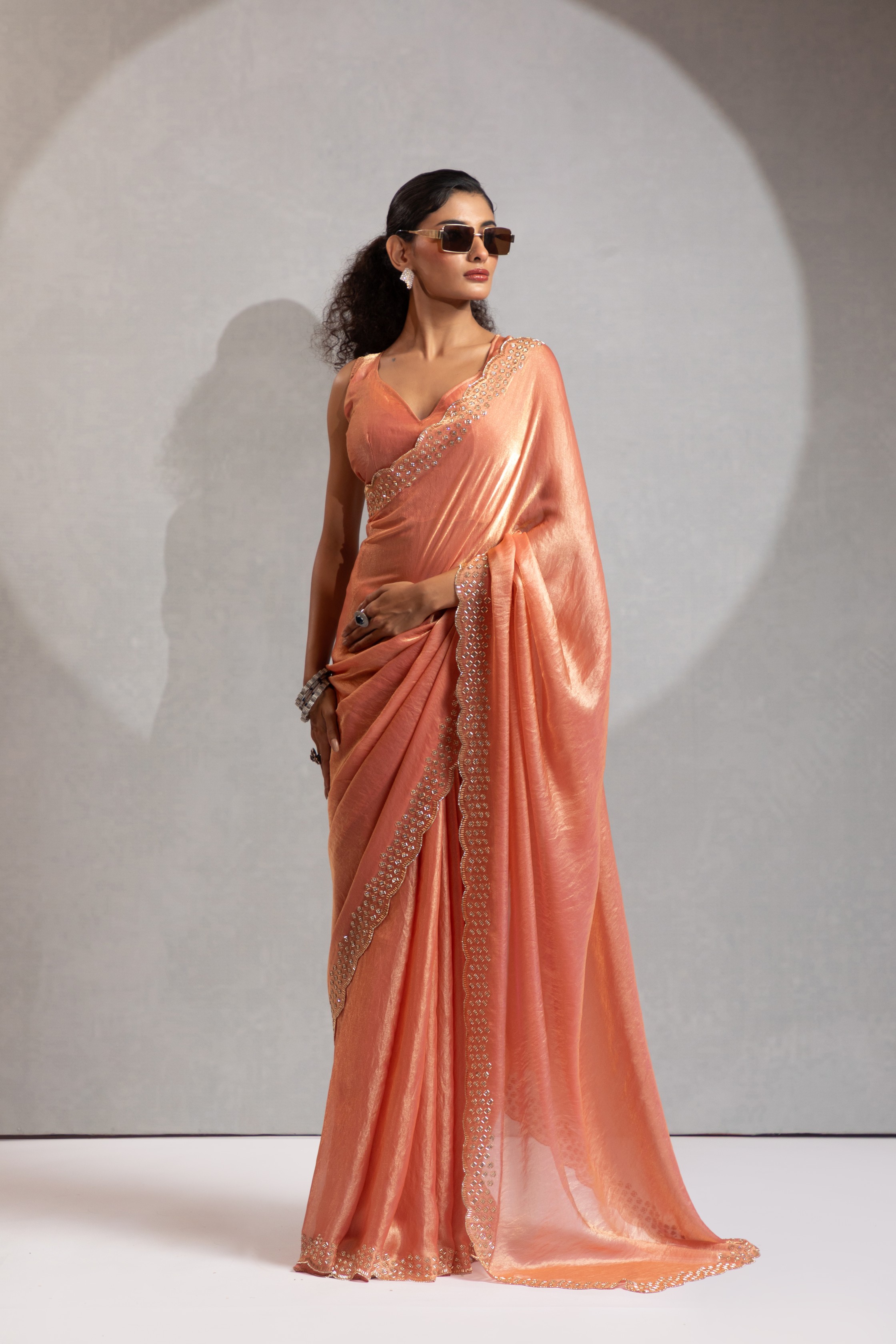 Peach Fendy Silk Two Tone Cutdana Party Wear Saree