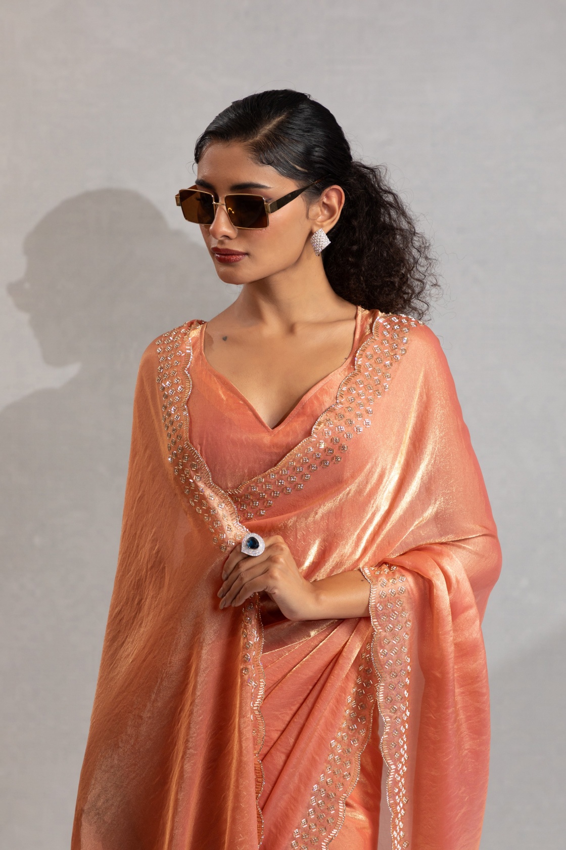 Peach Fendy Silk Two Tone Cutdana Party Wear Saree