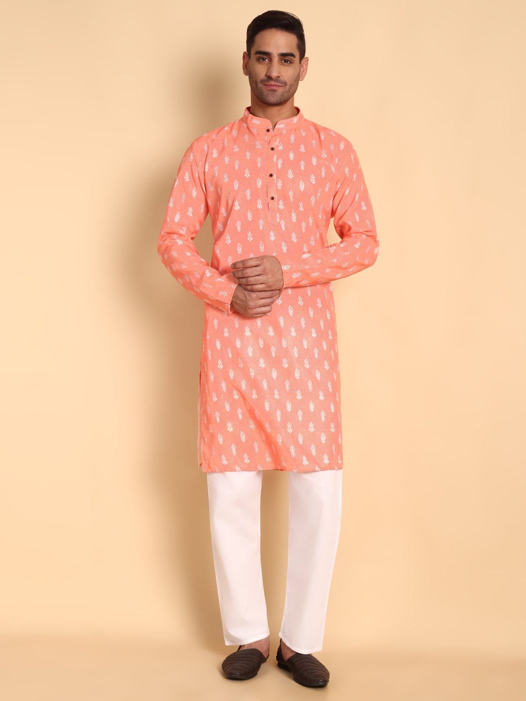 Peach Floral Designer Printed Cotton Kurta Pyjama