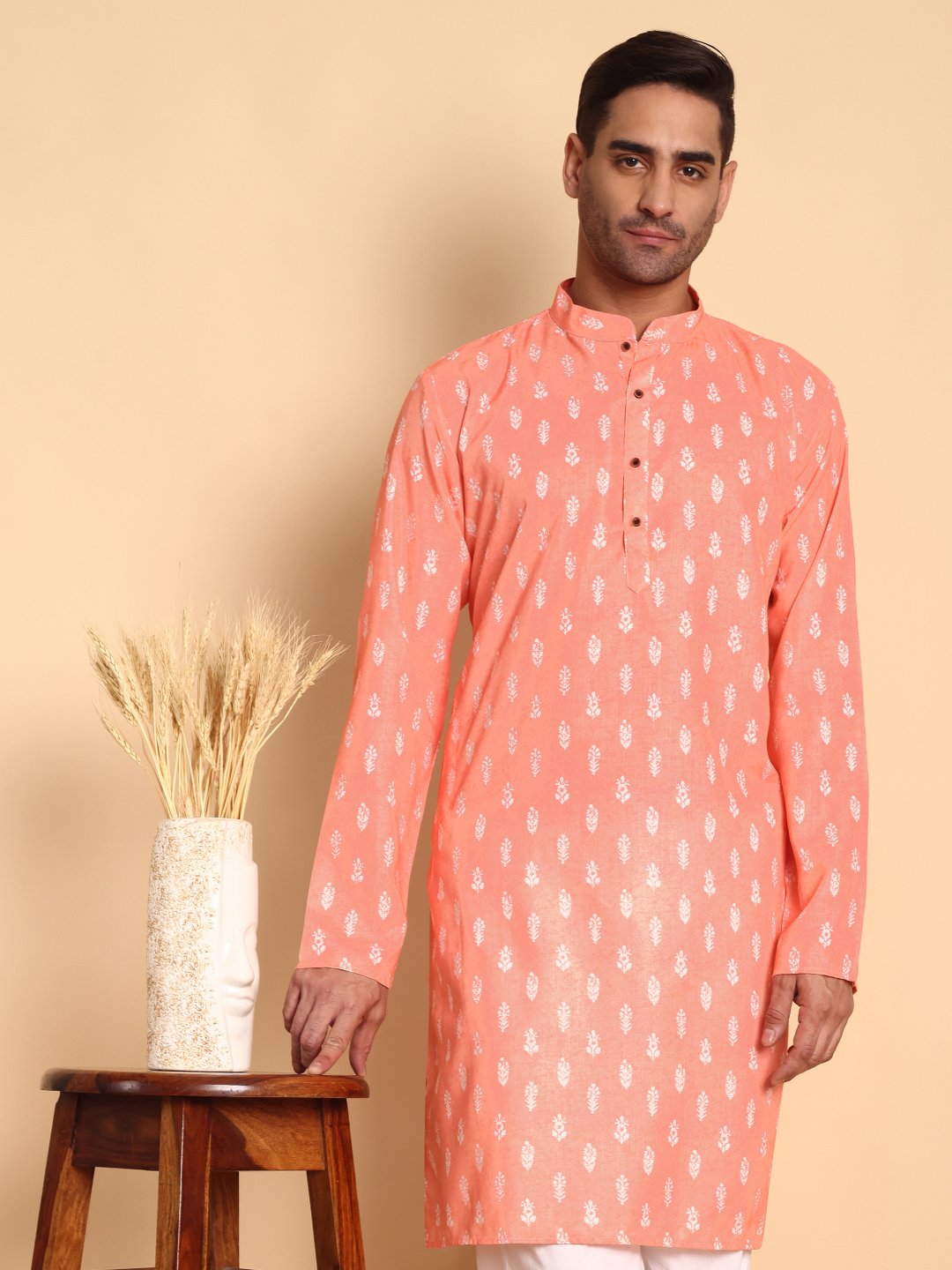 Peach Floral Designer Printed Cotton Kurta Pyjama