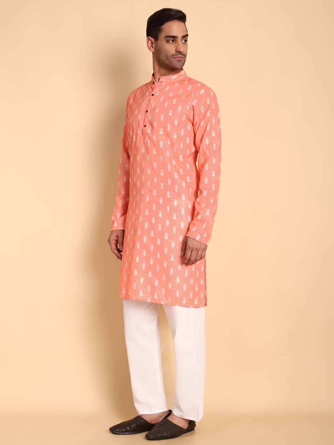 Peach Floral Designer Printed Cotton Kurta Pyjama