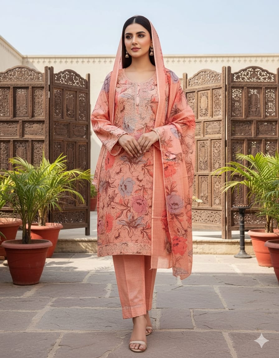 Peach Floral Digital Print Embroidered Mul Cotton Straight Pant Suit