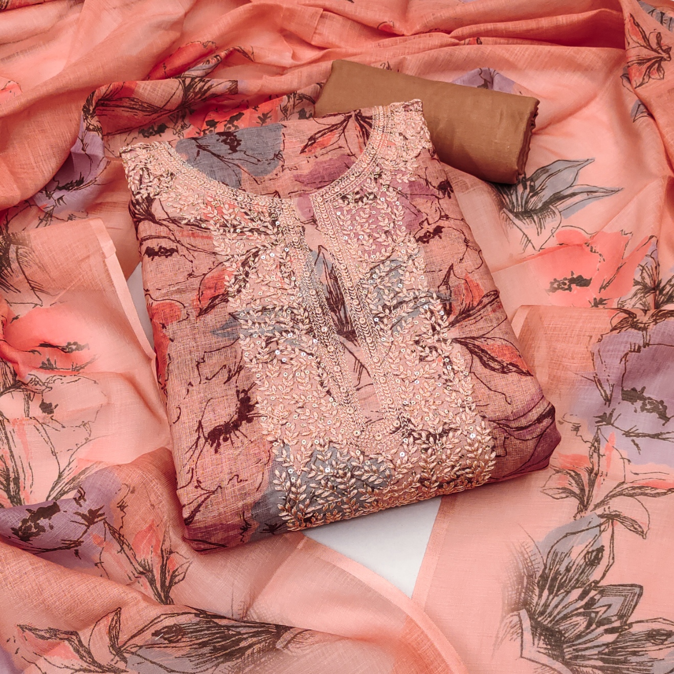 Peach Floral Digital Print Embroidered Mul Cotton Straight Pant Suit — alternate view