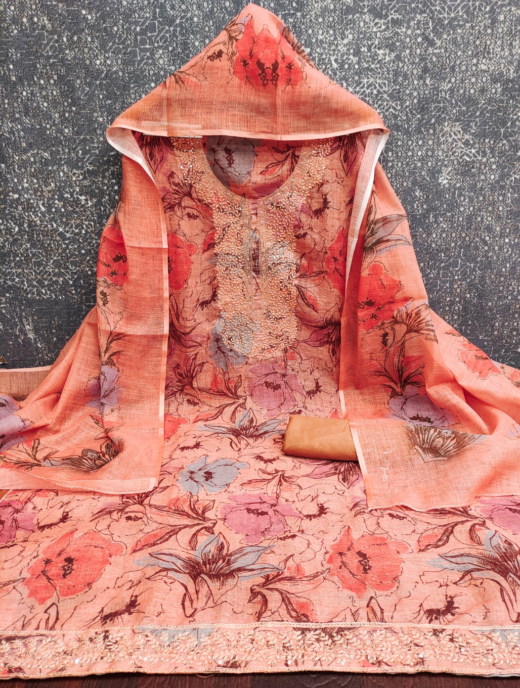 Peach Floral Digital Print Embroidered Mul Cotton Straight Pant Suit