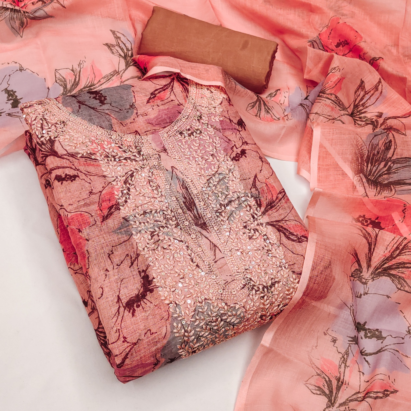 Peach Floral Digital Print Embroidered Mul Cotton Straight Pant Suit
