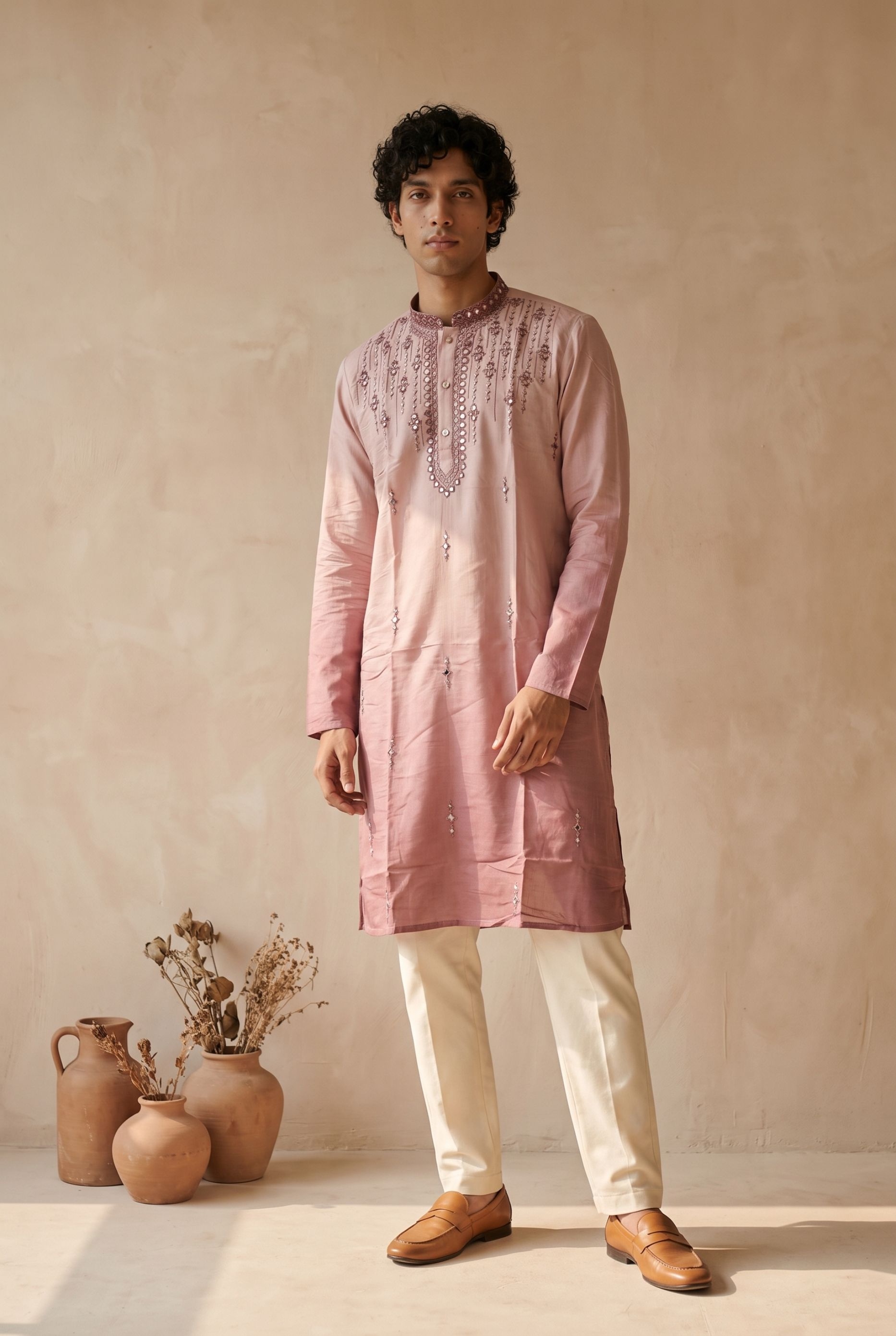 Peach Floral Embroidered Silk Kurta Pyjama