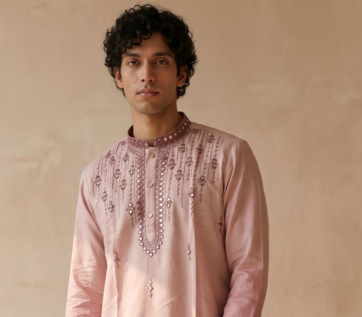 Peach Floral Embroidered Silk Kurta Pyjama — alternate view