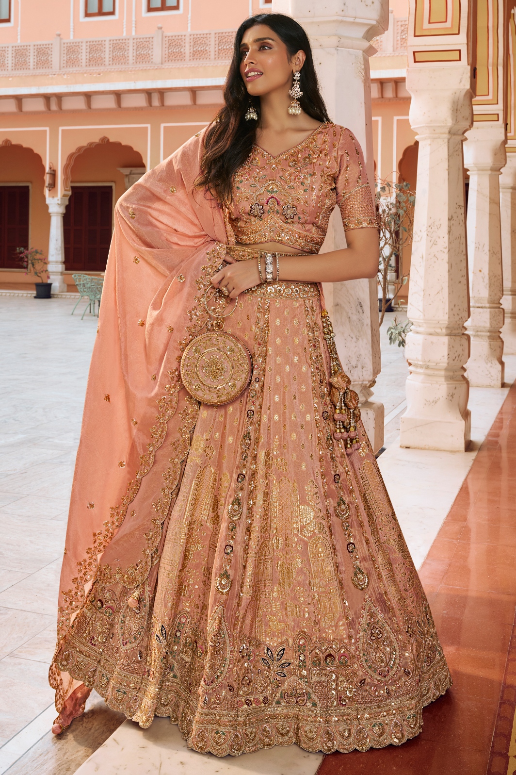 Peach Floral Embroidery Banarasi Premium Silk Lehenga Choli