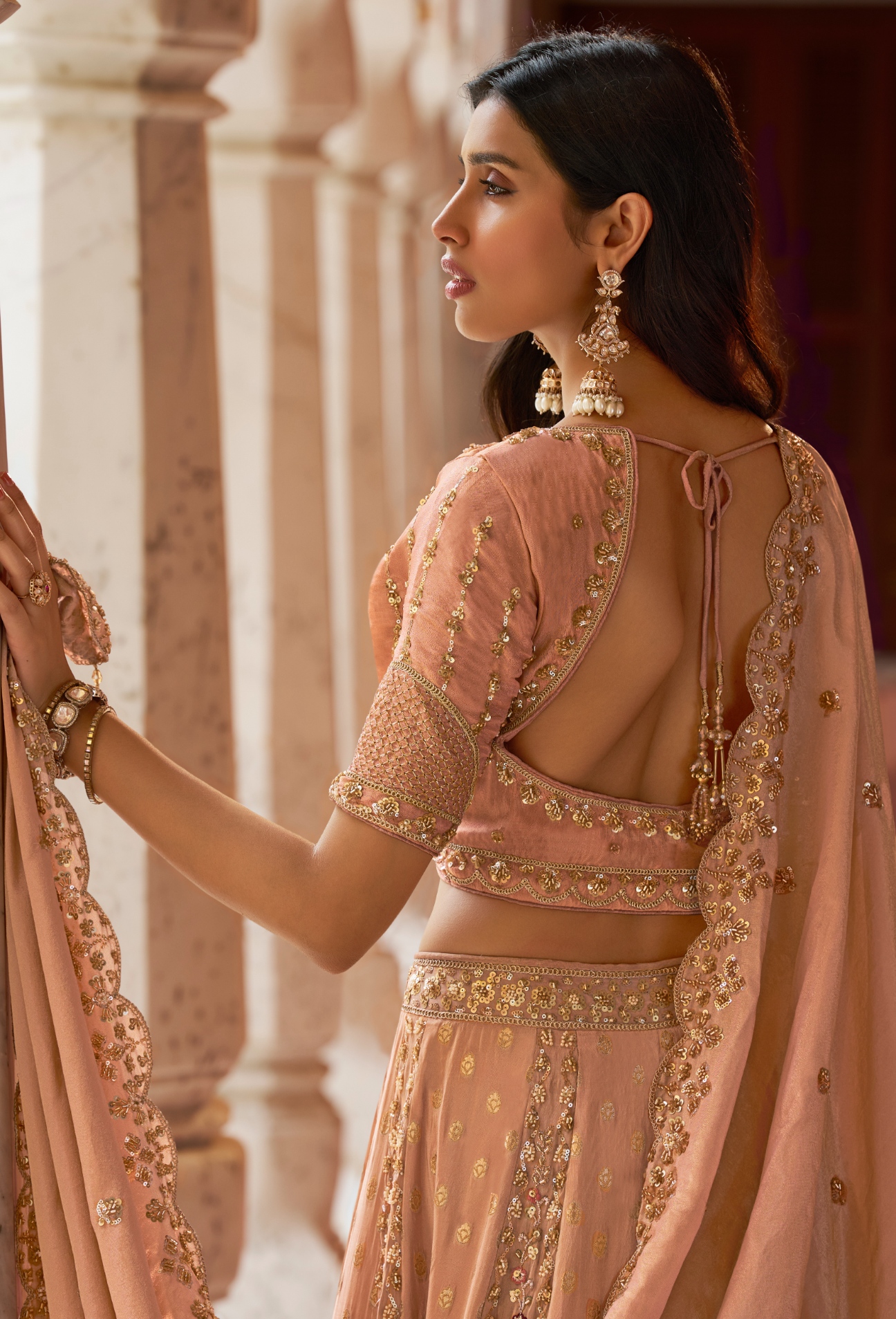 Peach Floral Embroidery Banarasi Premium Silk Lehenga Choli — alternate view