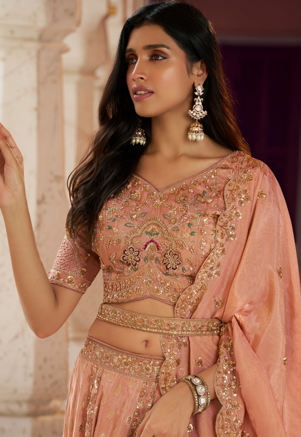 Peach Floral Embroidery Banarasi Premium Silk Lehenga Choli