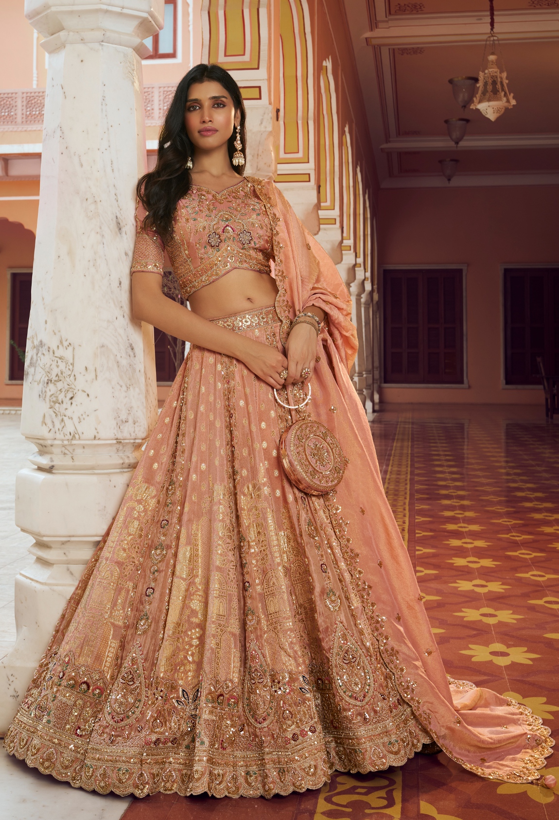 Peach Floral Embroidery Banarasi Premium Silk Lehenga Choli