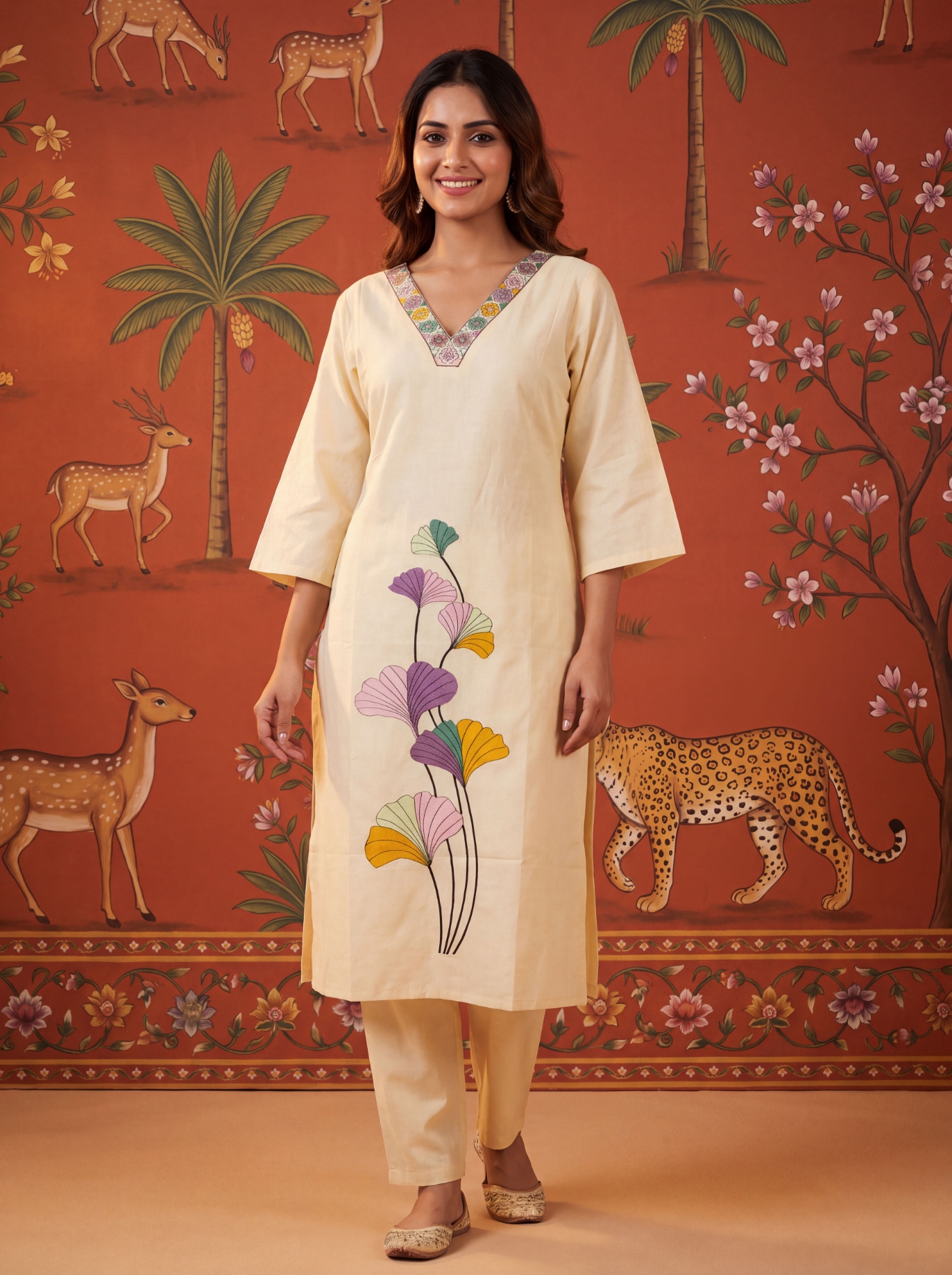 Peach Floral Embroidery Cotton Straight Kurta Set