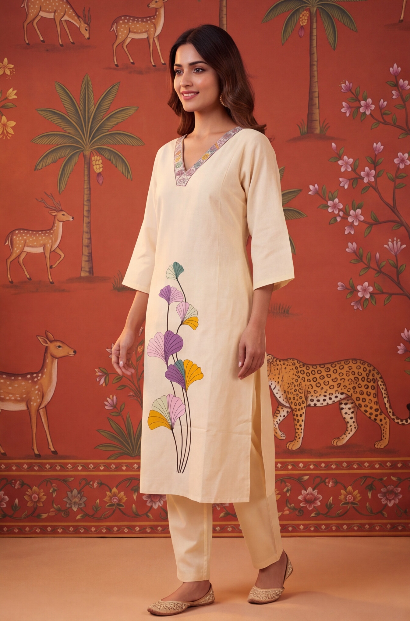 Peach Floral Embroidery Cotton Straight Kurta Set — alternate view