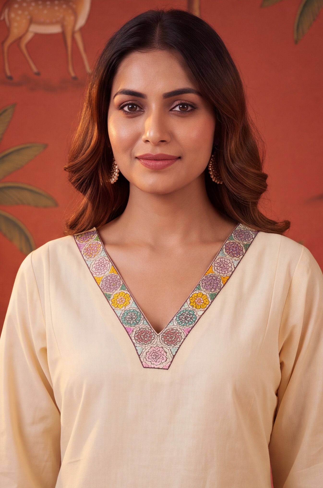 Peach Floral Embroidery Cotton Straight Kurta Set