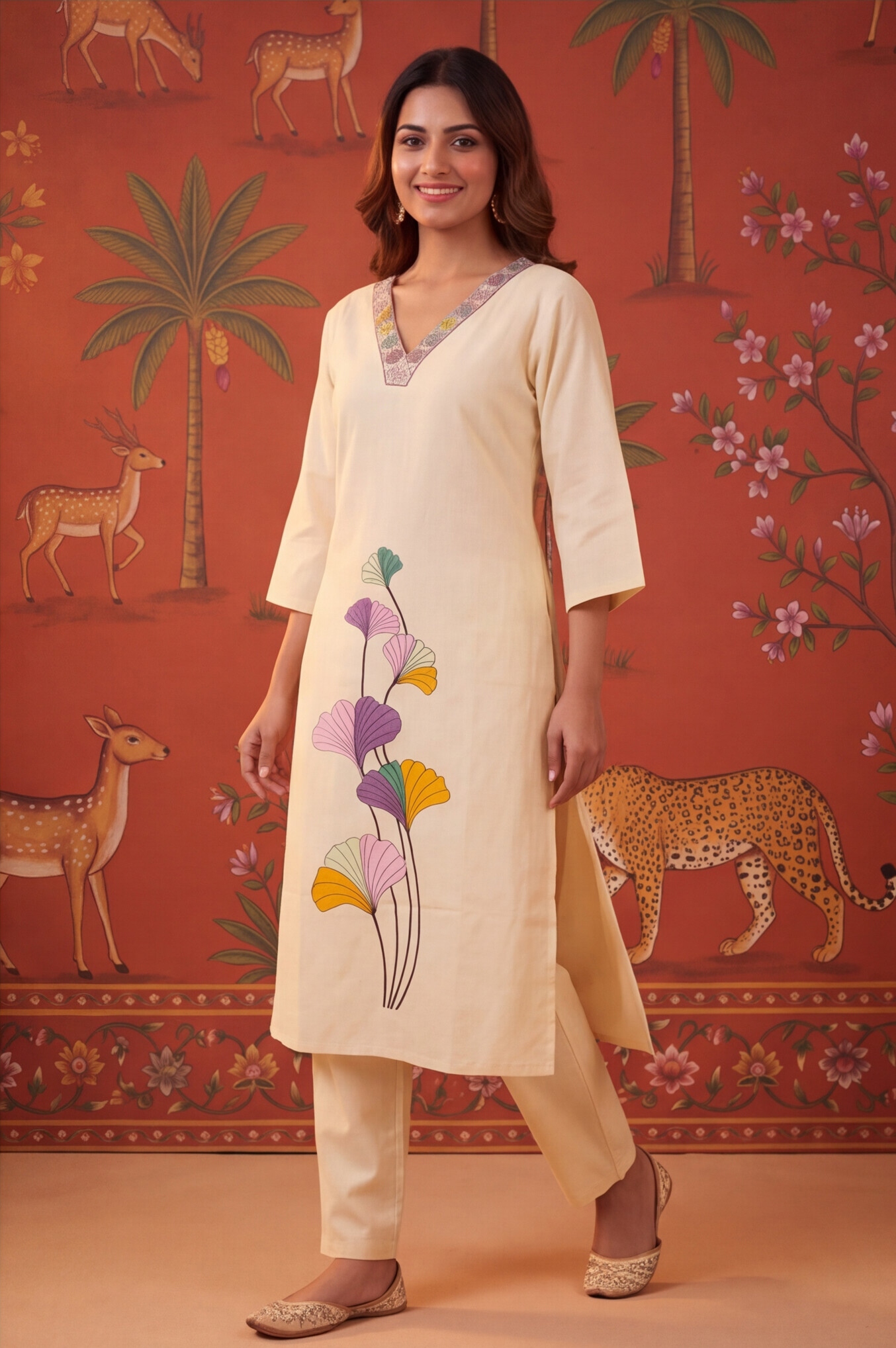 Peach Floral Embroidery Cotton Straight Kurta Set
