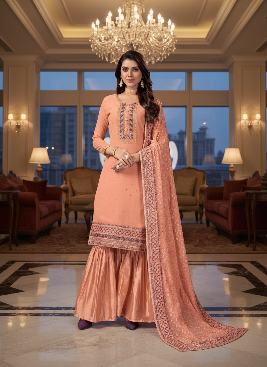 Peach Floral Embroidery Faux Georgette Palazzo Suit