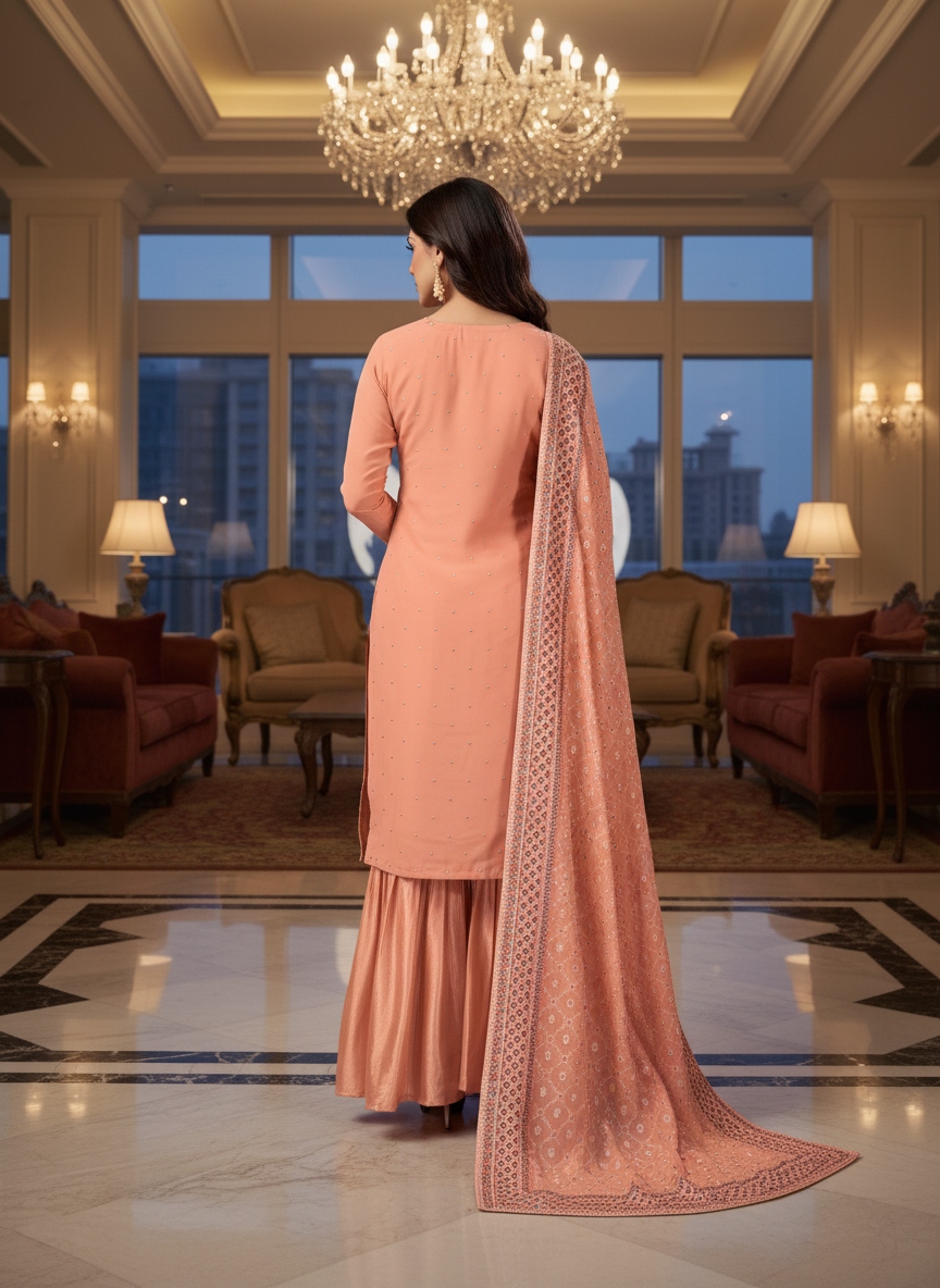 Peach Floral Embroidery Faux Georgette Palazzo Suit — alternate view