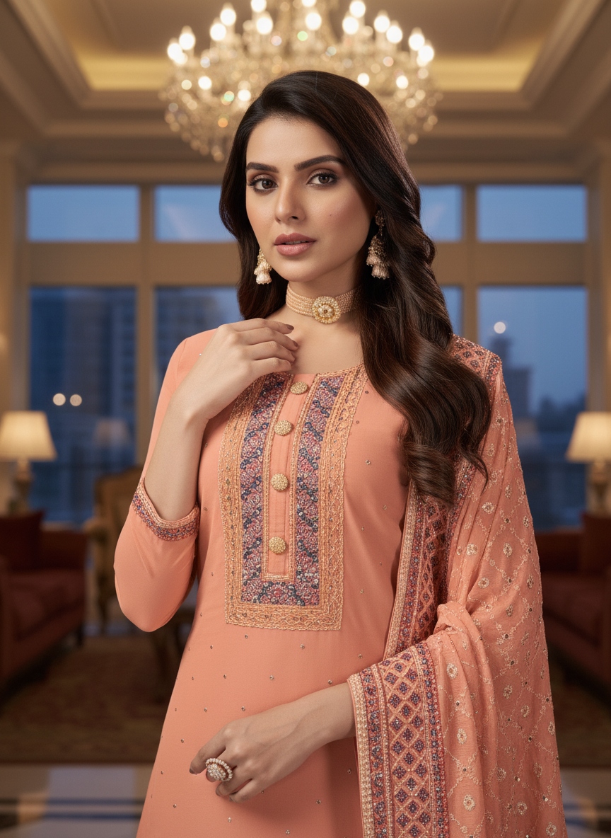 Peach Floral Embroidery Faux Georgette Palazzo Suit
