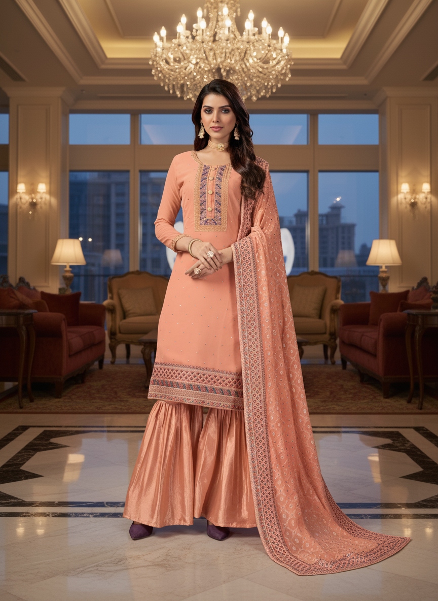 Peach Floral Embroidery Faux Georgette Palazzo Suit
