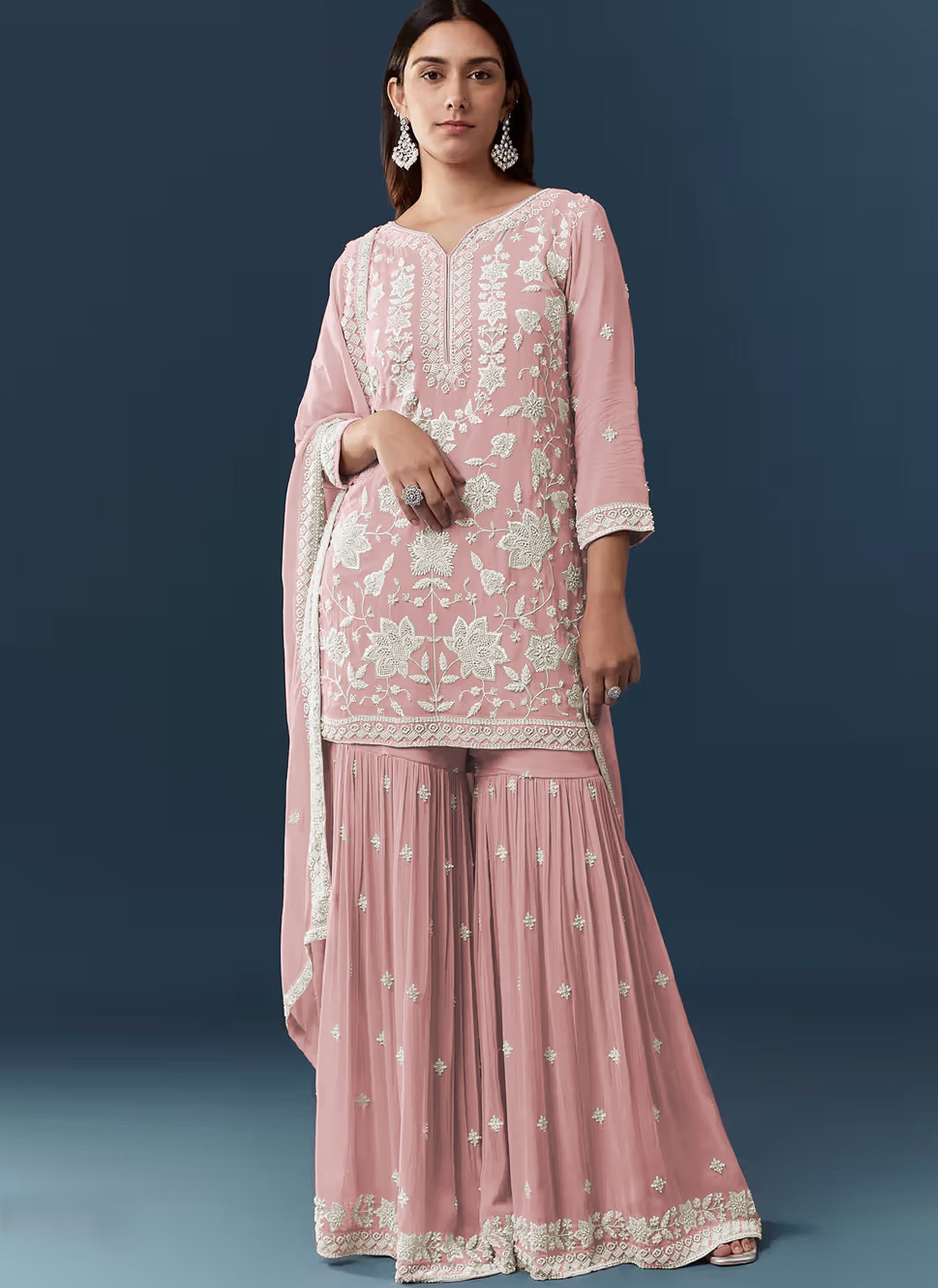 Peach Floral Embroidery Georgette Sharara Suit