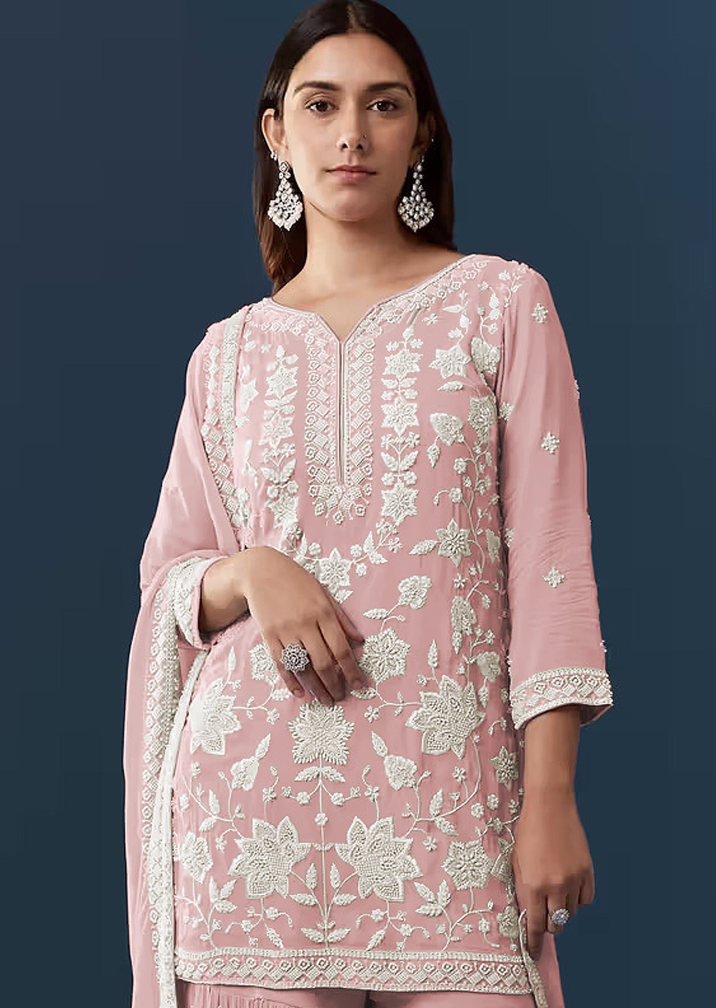 Peach Floral Embroidery Georgette Sharara Suit — alternate view