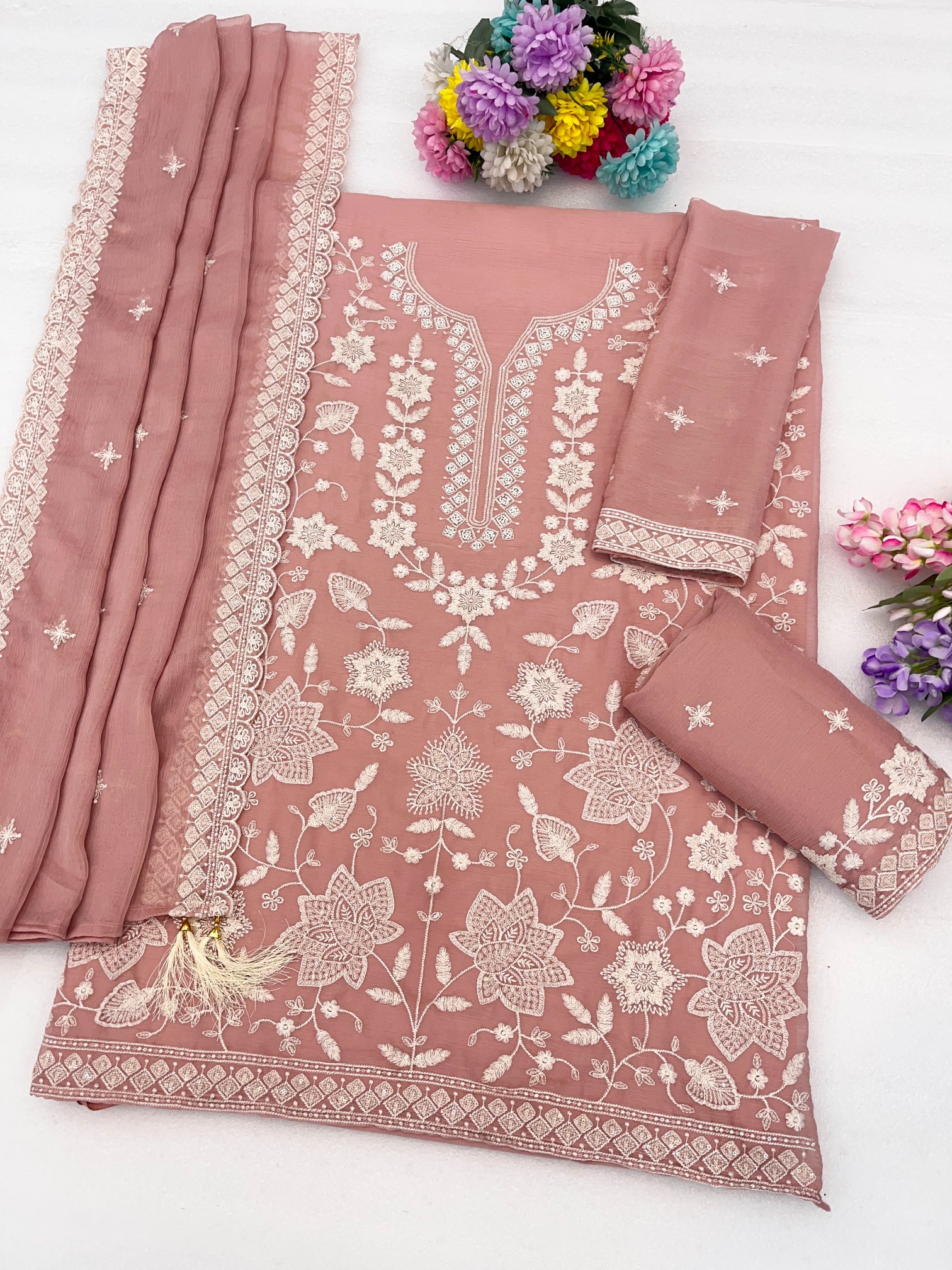 Peach Floral Embroidery Georgette Sharara Suit