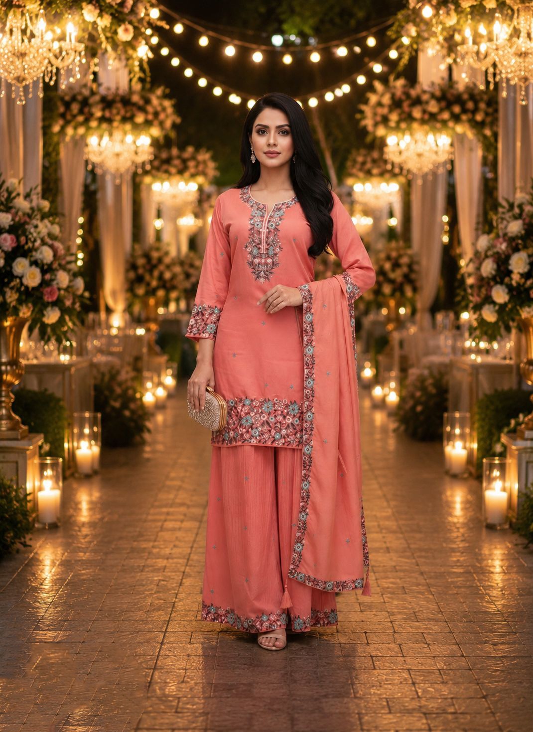 Peach Floral Embroidery Roman Simmer Palazzo Suit