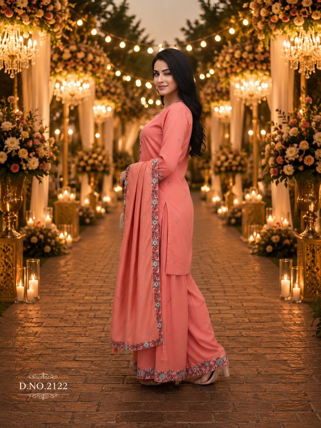 Peach Floral Embroidery Roman Simmer Palazzo Suit — alternate view
