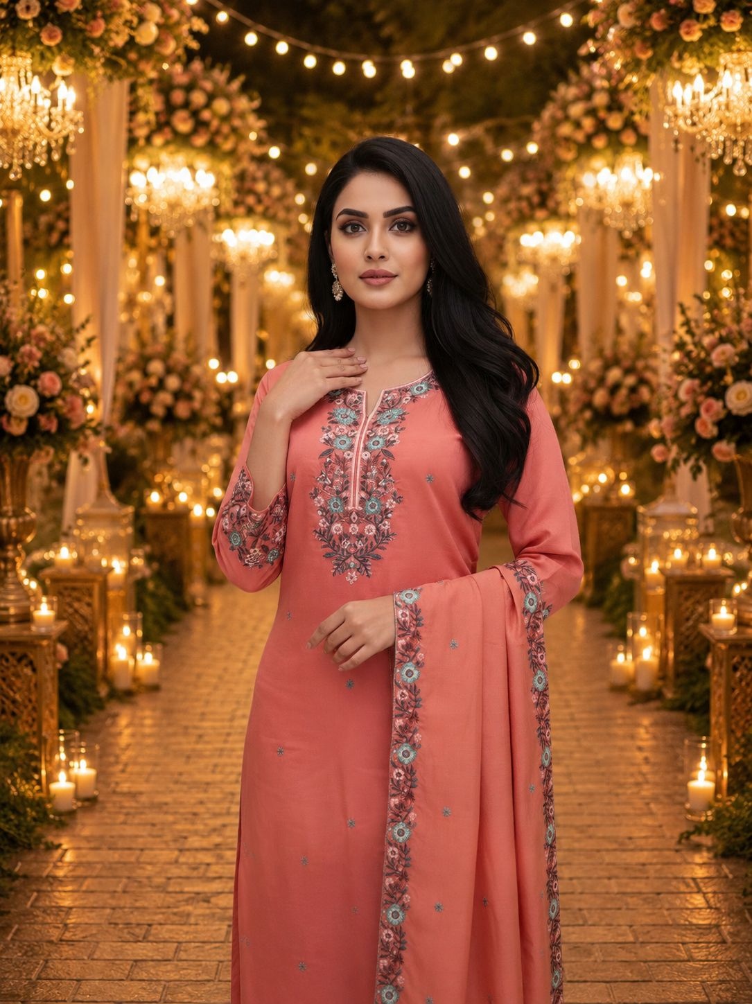Peach Floral Embroidery Roman Simmer Palazzo Suit