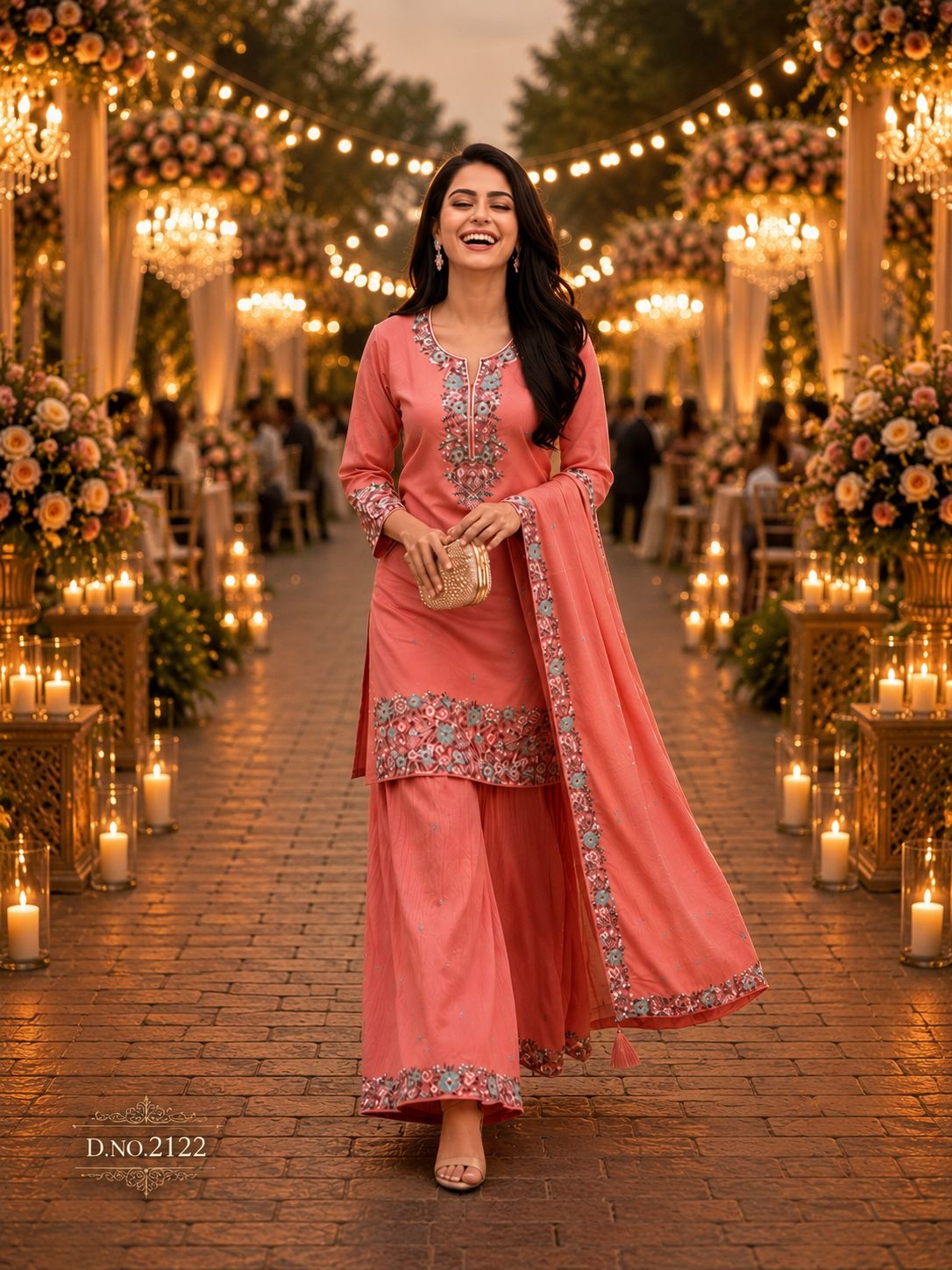Peach Floral Embroidery Roman Simmer Palazzo Suit