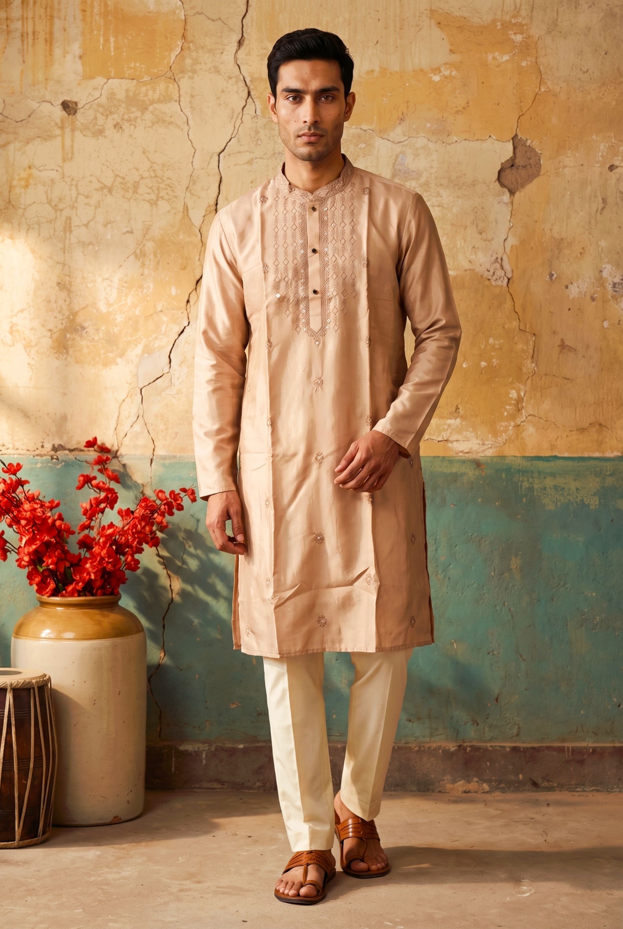 Peach Floral Embroidery Silk Kurta Pyjama