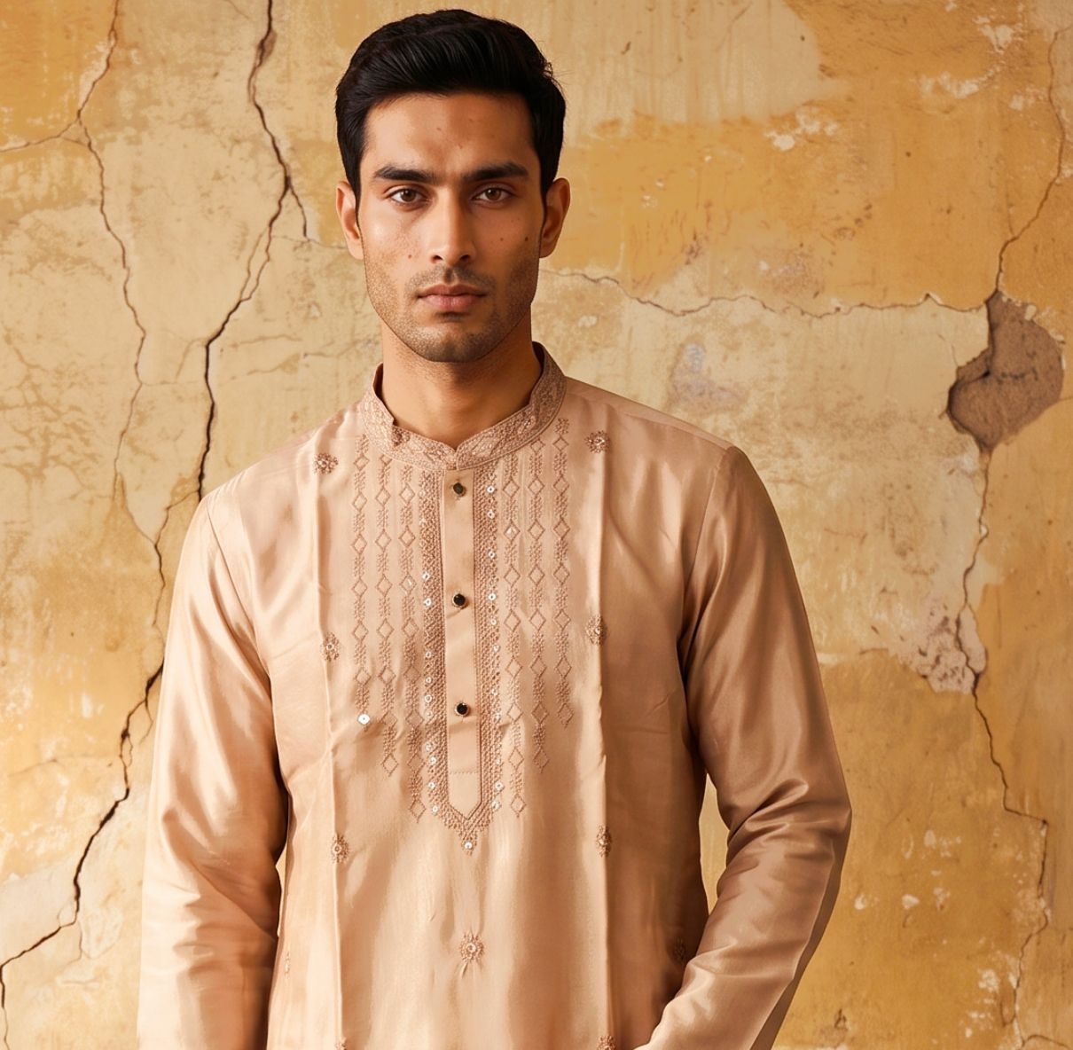 Peach Floral Embroidery Silk Kurta Pyjama