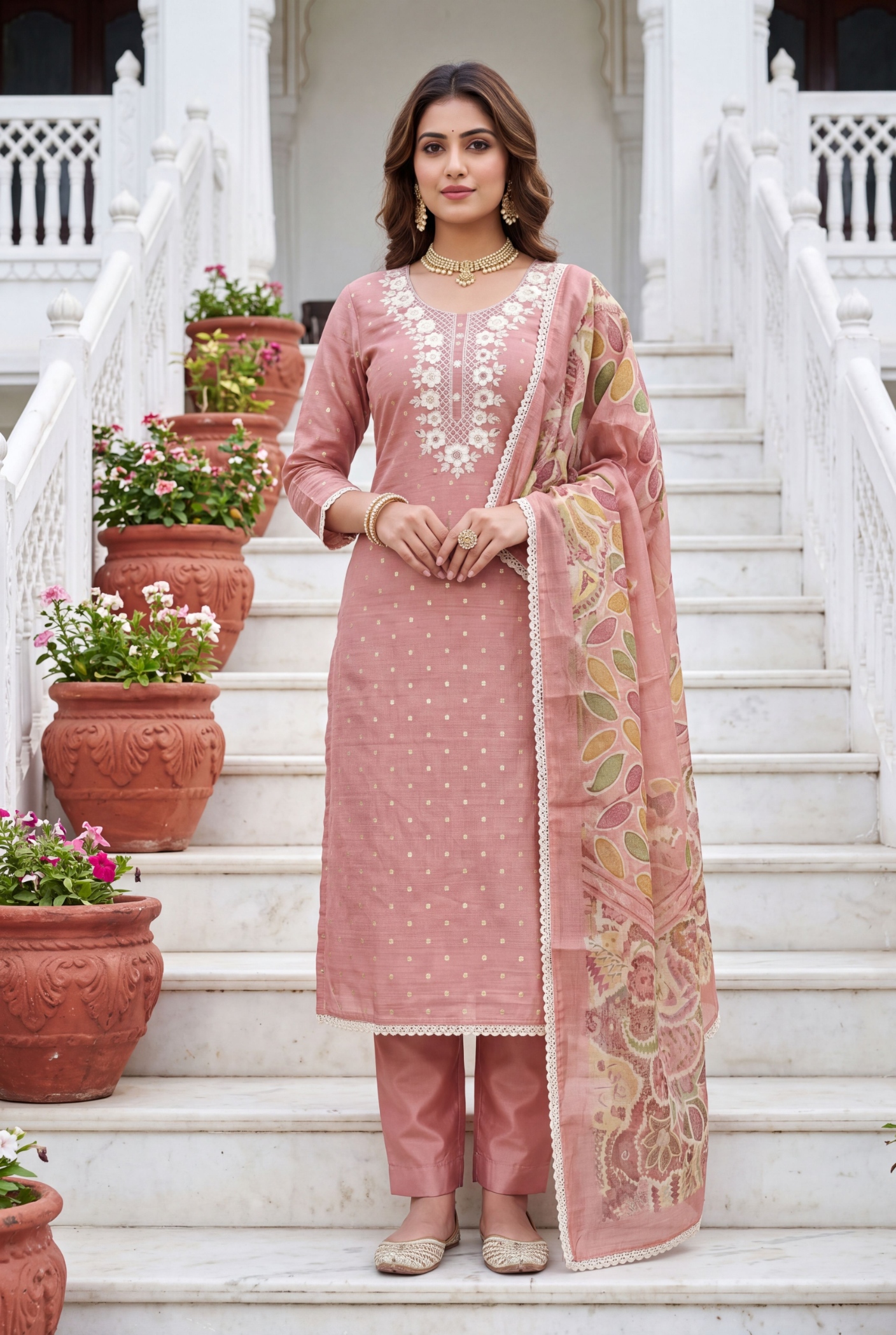 Peach Floral Hand Work Modal Cotton Salwar Suit