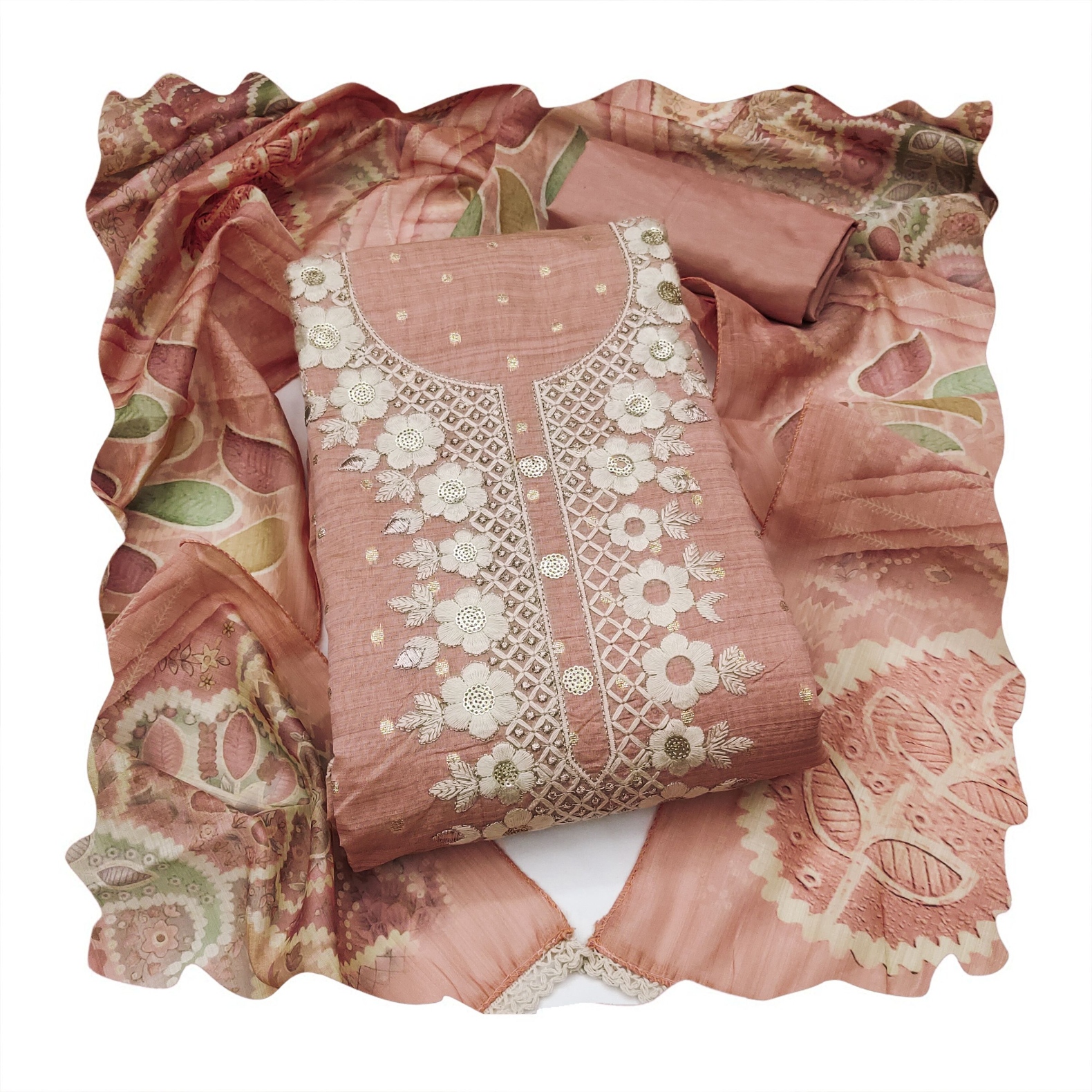 Peach Floral Hand Work Modal Cotton Salwar Suit — alternate view