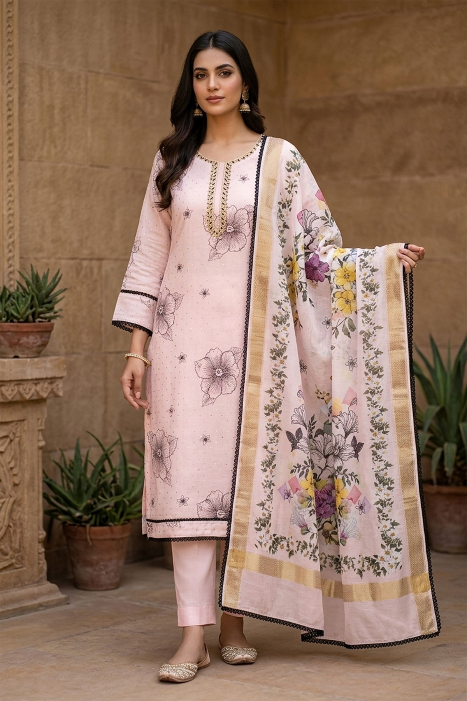 Peach Floral Hand Work Modal Cotton Straight Suit