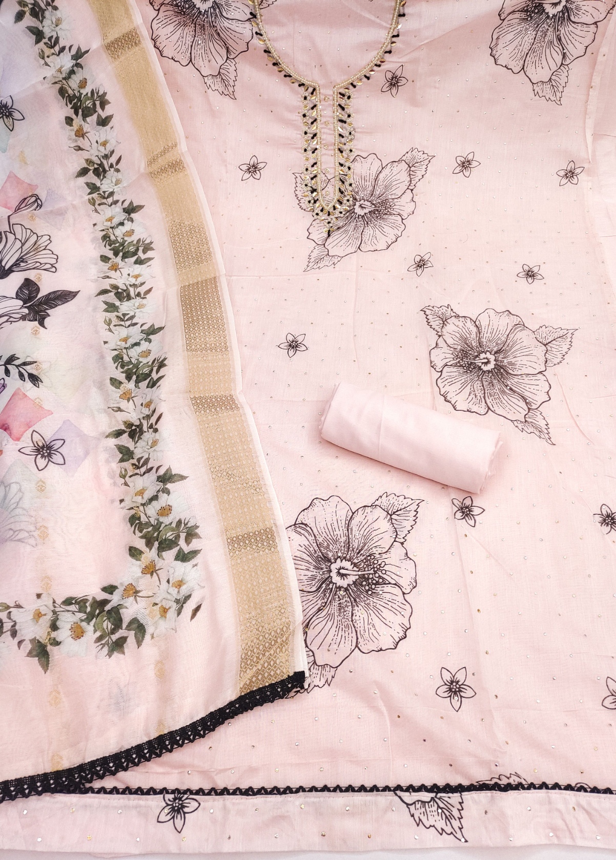Peach Floral Hand Work Modal Cotton Straight Suit — alternate view