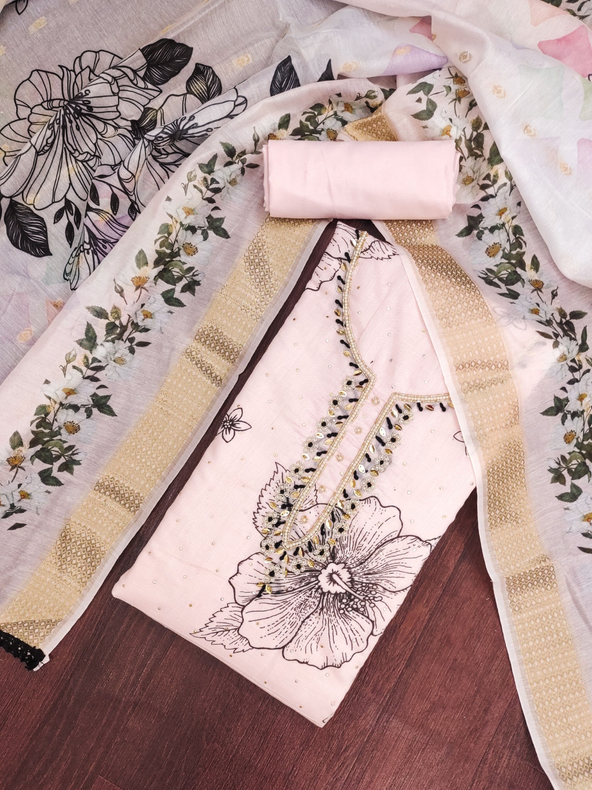 Peach Floral Hand Work Modal Cotton Straight Suit