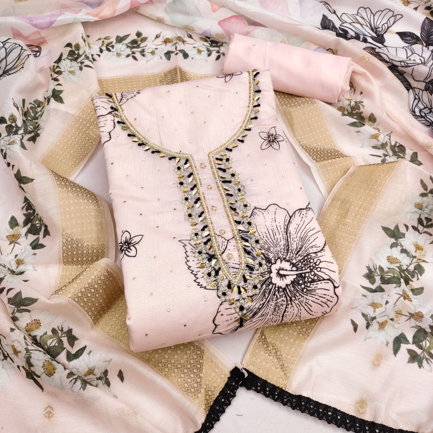 Peach Floral Hand Work Modal Cotton Straight Suit