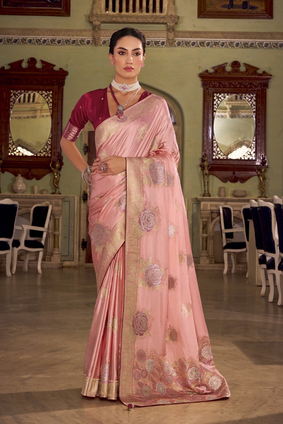 Peach Floral Jacquard Satin Silk Saree