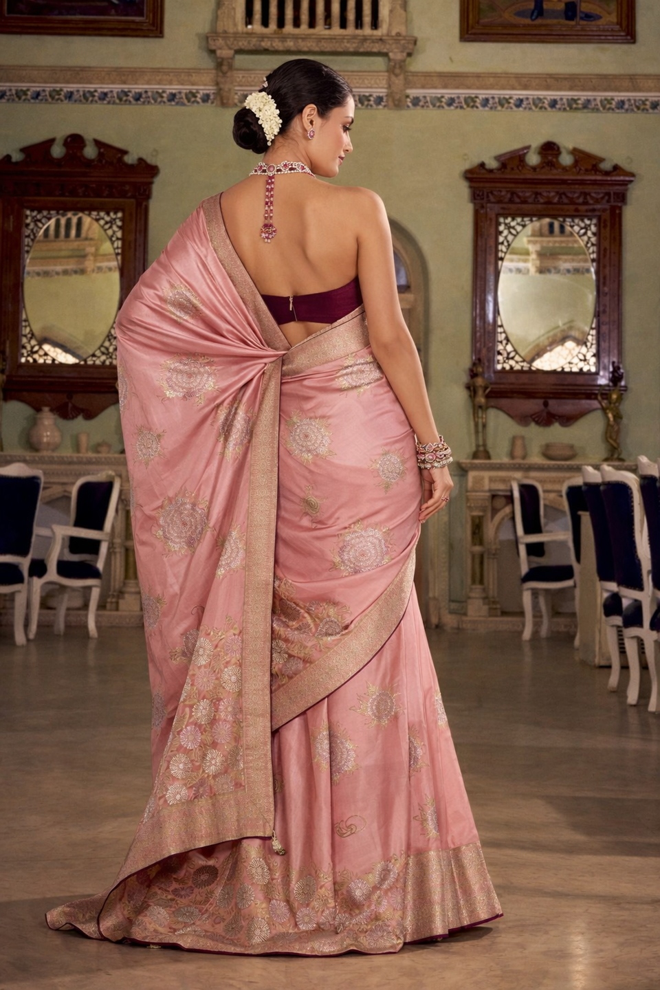 Peach Floral Jacquard Satin Silk Saree — alternate view